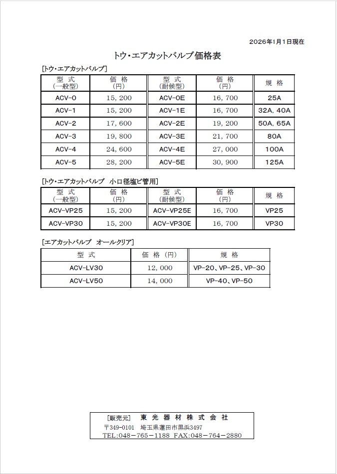 トウ・エアカットバルブ定価表【改定:2026年1月】